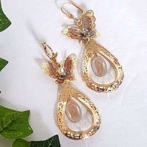 Tricolor Gold Drop Filigree Earrings  Butterfly with Virgin Mary